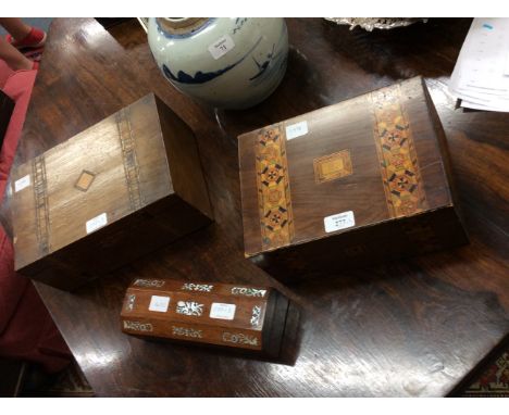 TWO VICTORIAN TUNBRIDGE WARE WORK BOXES, the largest measuring 31cm, the other 27cm together with a mother-of pearl inlaid bo