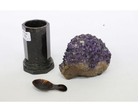 A 19TH CENTURY TORTOISE SHELL CADDY SPOON, 7.5cm; an octagonal hardstone vessel, 11cm in height and a piece of amethyst cryst
