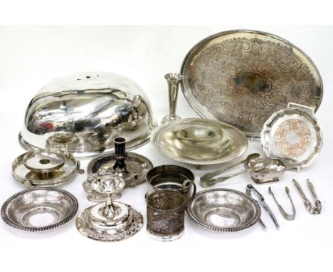 A SELECTION OF SILVERPLATED AND UNMARKED WHITE METAL ITEMS including a candlestick holder, tazza, galleried tray, filigree te