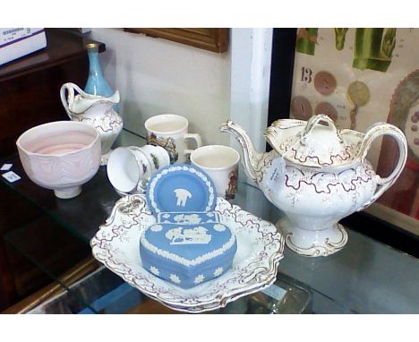 MISCELLANEOUS CHINA to include a Victorian part tea service, Wedgwood Jasper ware, a child's tea set and a Torquil pottery va