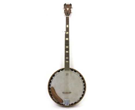 A ROSEWOOD VENEERED AMERICAN BANJO with mother of pearl inlay
