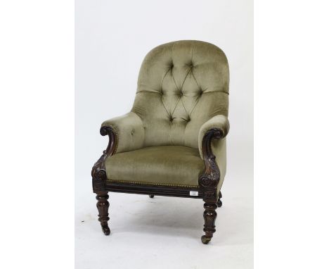 A WILLIAM IV OR EARLY VICTORIAN ROSEWOOD GREEN DRAYLON BUTTON UPHOLSTERED ARMCHAIR with acanthus leaf carved scroll arm front