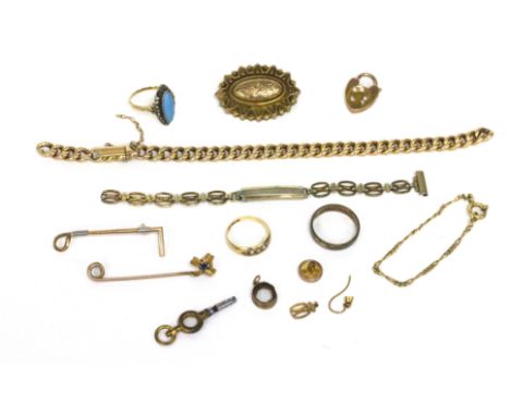 AN ASSORTMENT OF GOLD JEWELLERY including a Victorian 9 carat gold bracelet, a Victorian 18 carat gold and seed pearl insert 