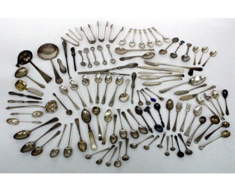 A LARGE SELECTION OF VICTORIAN AND EARLIER SILVER TEASPOONS, AF silver handled glove stretchers, mother of pearl handled silv