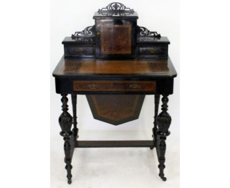 A PAIR OF EBONISED LINE INLAID ELBOW CHAIRS AND ONE SIDE CHAIR TO MATCH with circular inlaid splat and husk detailing, with s