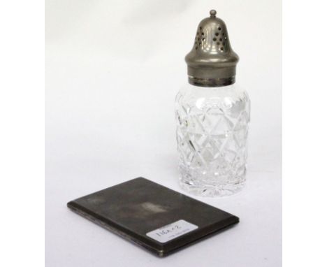 A BIRMINGHAM SILVER CIGARETTE CASE with engine turned decoration and monogrammed to the front, and a cut glass silver plated 