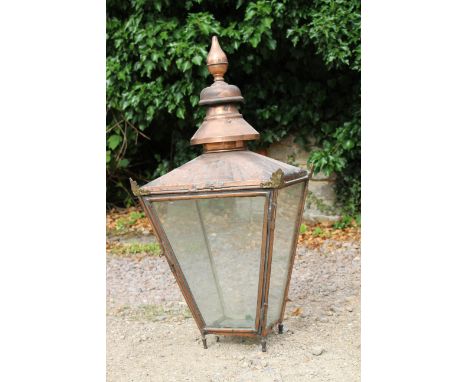 A VICTORIAN COPPER STREET LANTERN with cornice moulding and knopped finial