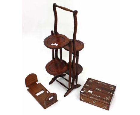 A VICTORIAN MOTHER OF PEARL INLAID BOX a pair of wooden carved expanding bookends and a mahogany cake stand