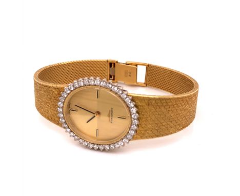 A LADIES 18ct GOLD AND DIAMOND MANUAL WOUND LONGINES WATCH ON AN 18ct GOLD BRICK STYLE BRACELET WITH A LADDER CLASP. CASE NUM