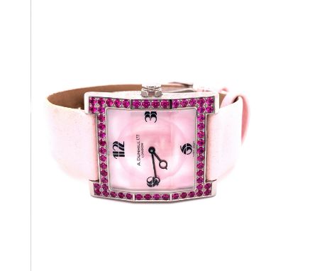 AN ALFRED DUNHILL PARODY ROSE RUBY GEMSET LADIES WATCH WITH A MOTHER OF PEARL DIAL, QUARTZ MOVEMENT AND PINK SILK STRAP. RUBY