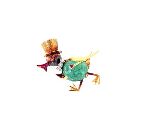 A  VAN CLEEF AND ARPELS 18ct YELLOW GOLD AND GEMSET STROLLING DUCK CLIP BROOCH FOR VAN CLEEF & ARPELS FRANCE. SET WITH GREEN 