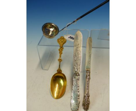 A SILVER TODDY LADLE WITH ENGRAVED MONOGRAM, A HALLMARKED SILVER LETTER OPENER, A SILVER BUTTER KNIFE AND A CONTINENTAL GILT 