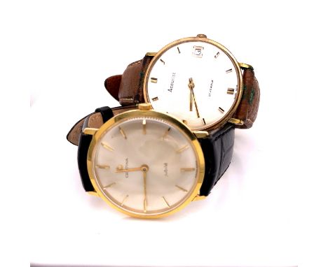 AN 18ct GENTS MANUAL WOUND CERTINA JUBILE WRIST WATCH ON A LEATHER STRAP TOGETHER WITH A GENTS ACCURIST WATCH. 