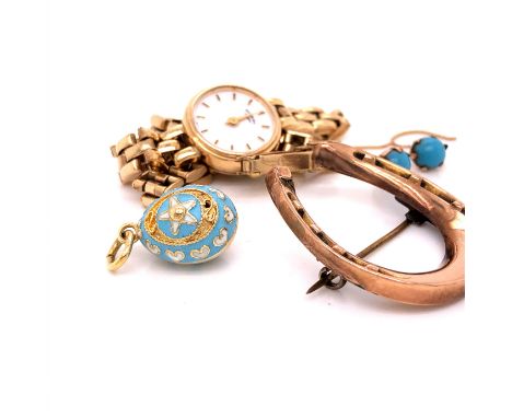 A LADIES 9ct GOLD ROTARY BRACELET WATCH TOGETHER WITH A 14ct GOLD AND ENAMEL EGG PENDANT, A PAIR OF TURQUOISE EARRINGS, AND A