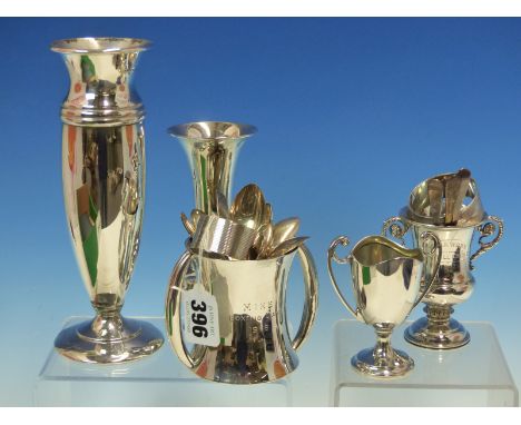 A SILVER HALLMARKED BUD VASE WITH LOADED BASE, TOGETHER WITH ANOTHER, A TWO HANDLED LOVING CUP, TWO SMALL TROPHY CUPS, TWO NA