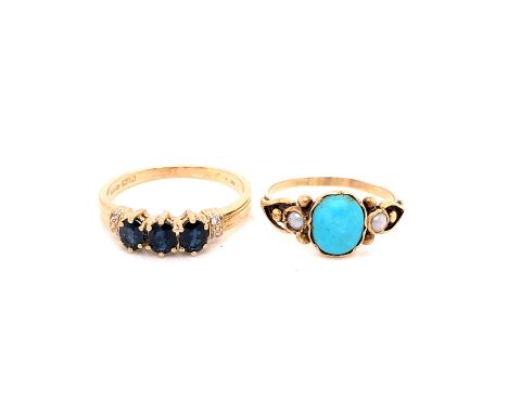 A 20th C. TURQUOISE AND PEARL RING, FINGER SIZE O, TOGETHER WITH A 9ct GOLD THREE STONE OVAL SAPPHIRE AND DIAMOND RING, FINGE