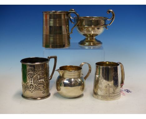 A HALLMARKED CHESTER SILVER CHRISTENING CUP WITH ENGRAVED NURSERY DECORATION, A 19th C. EMBOSSED SMALL TANKARD WITH STAG AND 