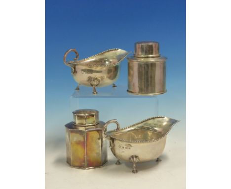 A HALLMARKED SILVER HEXAGONAL TEA CADDY DATED 1919 FOR LAWRENCE EMANUEL, A SIMILAR ROUND CADDY FOR WILLIAM NEALE &amp; SON AN