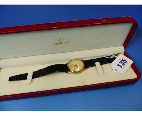 A 9ct GOLD VINTAGE MANUAL WOUND GENTS OMEGA WATCH, CASE HALLMARKED 1950 BIRMINGHAM, COMPLETE WITH CASE.