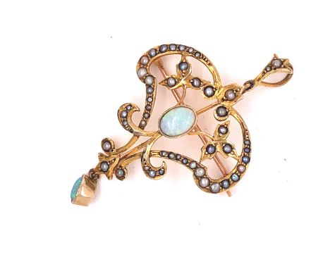 A EDWARDIAN 9ct GOLD OPAL AND SEED PEARL OPEN WORK PENDANT BROOCH. MEASUREMENTS INC BALE 5.4cms X 3.3cms, WEIGHT 4.7grms. 