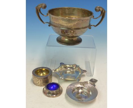 A GEORG JENSEN SILVER AND ENAMEL SALT CELLAR, A  SILVER HALLMARKED TWO HANDLED PRESENTATION CUP, TOGETHER WITH A SILVER HALLM