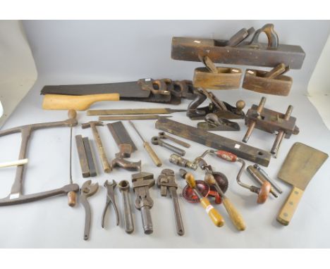 Small collection of antique woodworking tools including three Marples planes 