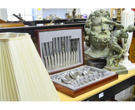 Two sculptures - head of Zeus and full body of Discobulus, canteen of Sheffield silver plate cuttlery and an alabaster lamp 