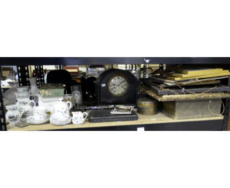 Silver plated canteen of cutlery together with other silver plate, brassware, a mantel clock, four graduating Royal Worcester