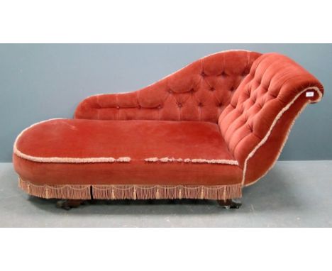 Late 19th century button back chaise lounge No major damage, in good used order, minor wear in places conducive to use.