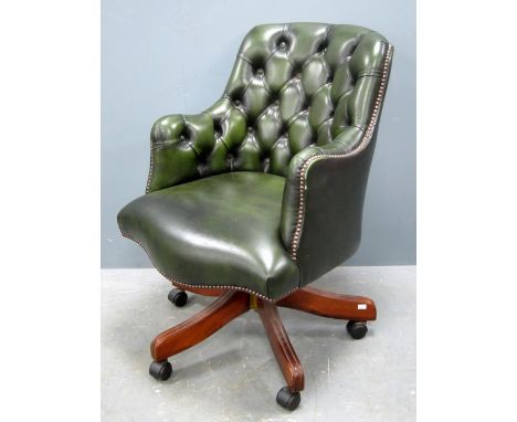 Mahogany framed and leather upholstered button back armchair In good used order, no signs of major wear, use notable to arms.