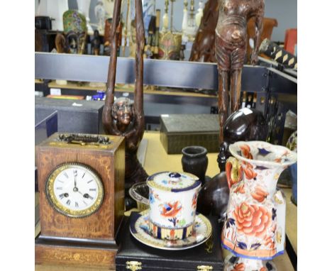 Two painted and gesso figures, African bust, Rosewood and marquetry cased mantel clock, silver plated brush set and basket et