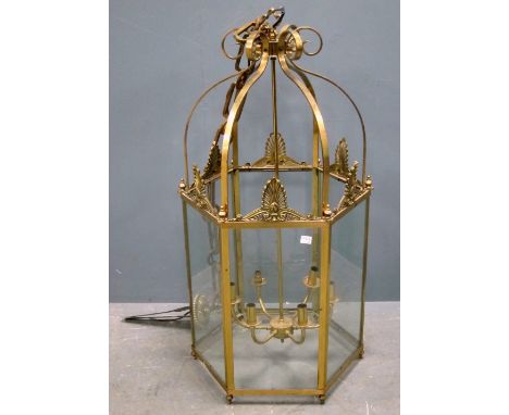 Large hexagonal brass and glass ceiling light 