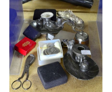 Silver cigarette case - Birmingham 1904, Silver compact - Birmingham 1945, two chamber candlesticks etc. 