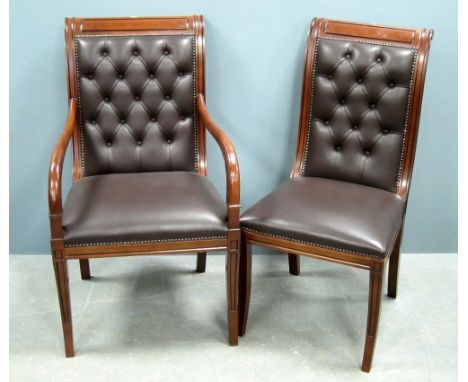 Modern mahogany and walnut dining room suite comprising sideboard, extending table and set of eight button back chairs (6+2) 