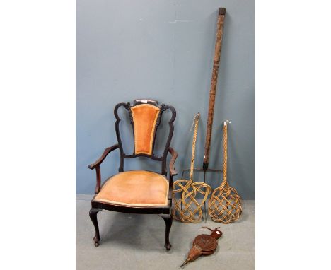 Victorian elbow chair, a pitch fork, a pair of bellows and two carpet beaters 