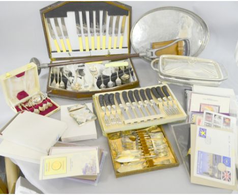 Set of six silver tea spoons, collection of silver plate, mother of pearl card case, shooting stick and selection of coins 