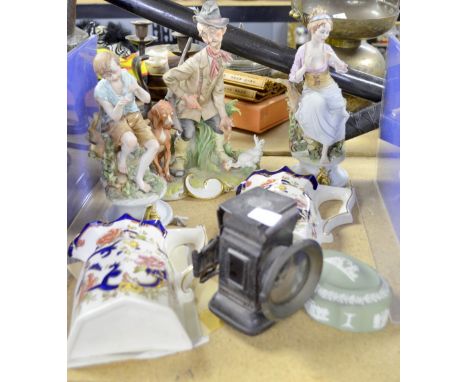 Three Capodimonte figurines, Wedgwood, Masons and a bicycle lamp Hunter - in good condition there is minor chip to the rear o