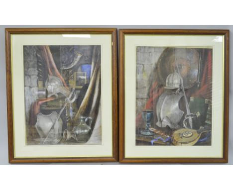 Two still-lives depicting armour, horn and flask, watercolour, 