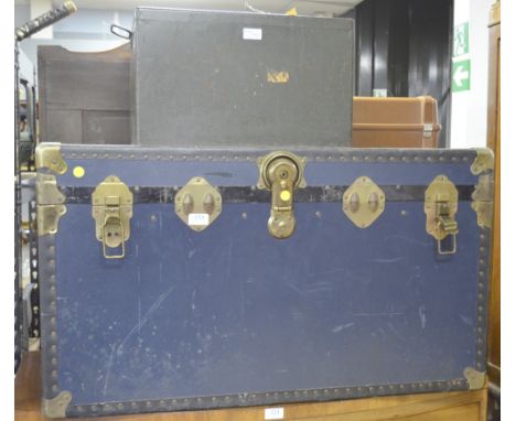 Blue trunk with brass mounts and linen tray and a metal trunk 