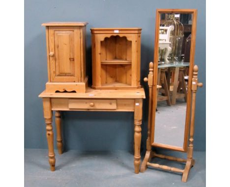 Pine side table with single drawer, pine bedside cupboard, pine wall hanging corner shelf and a pine cheval mirror 