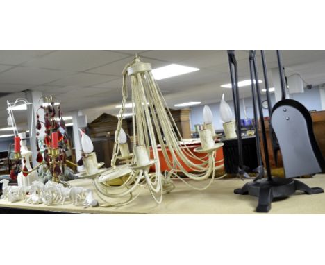 Modern eight branch chandelier, metal four branch centre piece, metal fireside set and fourteen ceramic horses (one a/f) 