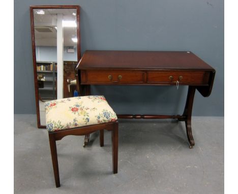 Mahogany sofa table on twin end supports, mahogany stool and a mahogany framed mirror 