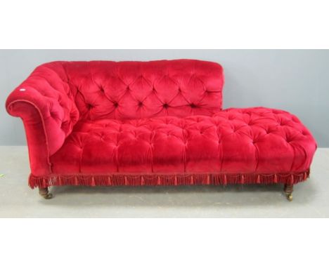 19th century chaise lounge with button back on carved rosewood feet, maker label for Trollope & Sons 