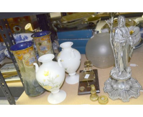 Pair of Royal Doulton vases (one a/f), pair of Wedgwood Golden Glory vases, set of postage scales and a lamp with figure of C