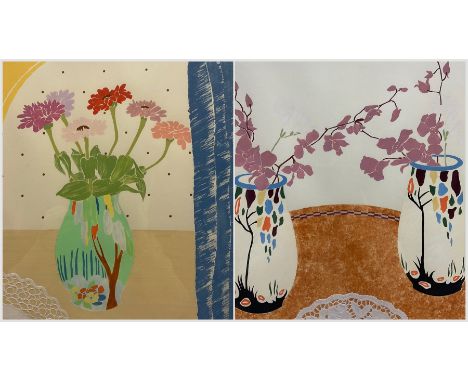 Ann Tabak (British Mid-20th Century): 'Crown Ducal Twins' and 'Potted Vensions #5 Beswick Vase', pair pochoirs and collage, s