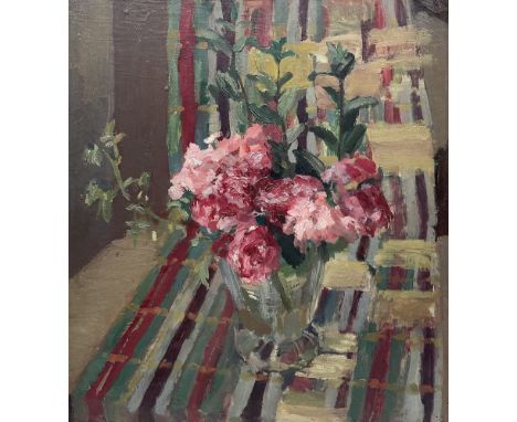 English School (20th Century): Pink Flowers Upon a Striped Tablecloth, oil on board unsigned 55cm x 50cm 