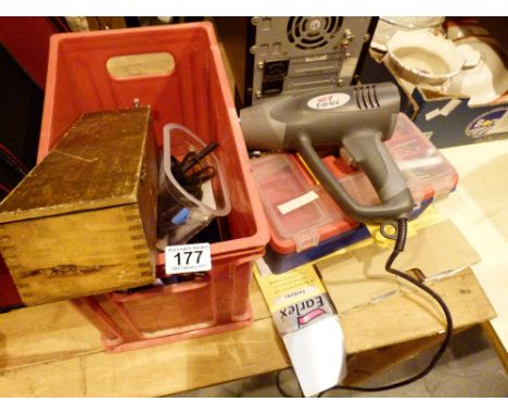 Two boxes of mixed engineering tools and a heat gun