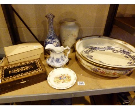 Shelf of ceramics including Poole