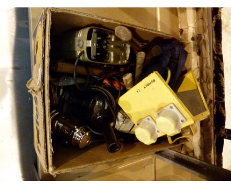 Box of mixed workshop tools including electric drills and a 110V transformer