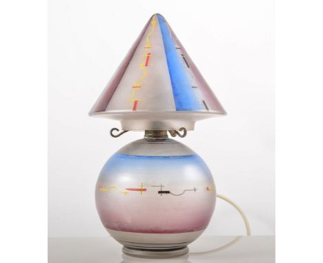 Continental, an enamelled glass table lamp, frosted glass ground painted in the manner of Wassily Kandinsky with abstract geo